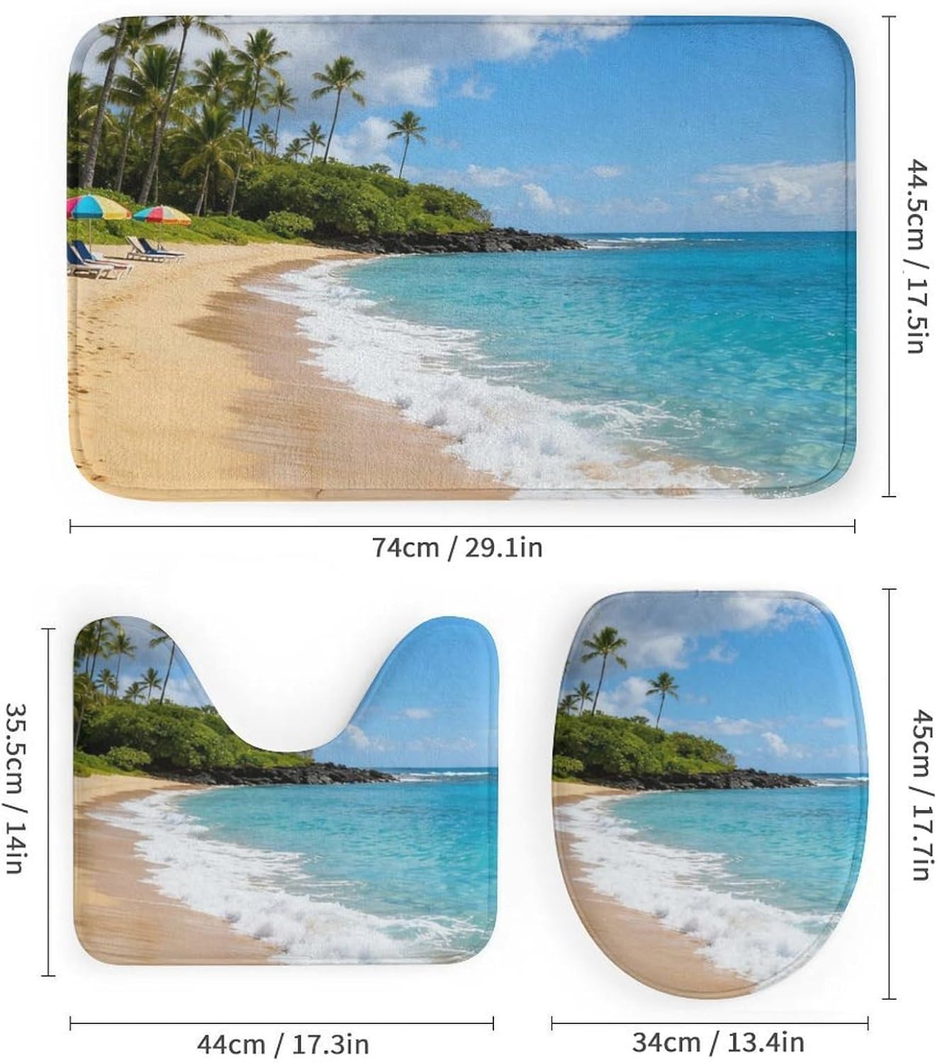 4 Piece Bathroom Rug Set with Shower Curtain, Non-Slip Bath Mat Toilet Cover Set, Hawaiian Beach Bathroom Rug Sets