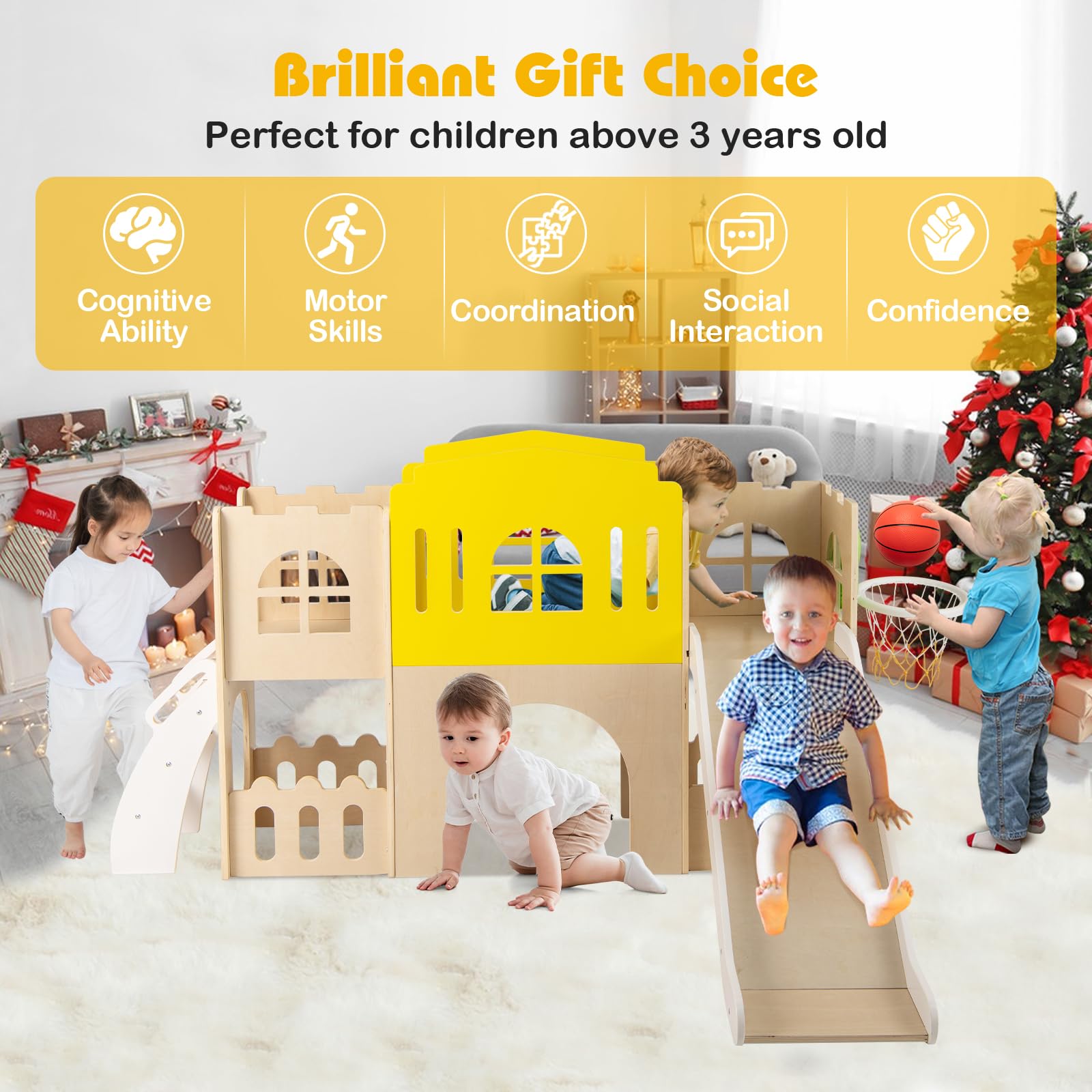 HOMASIS 7 in 1 Kinderrutsche Indoor, Kinder Rutsche mit Basketballkorb | Kletterleiter mit Tunnel Stauraum, Holz Spielplatz im Burgform, Outdoor Babyrutsche Rutschenset für Kinder, 169 x 125 x 98 cm