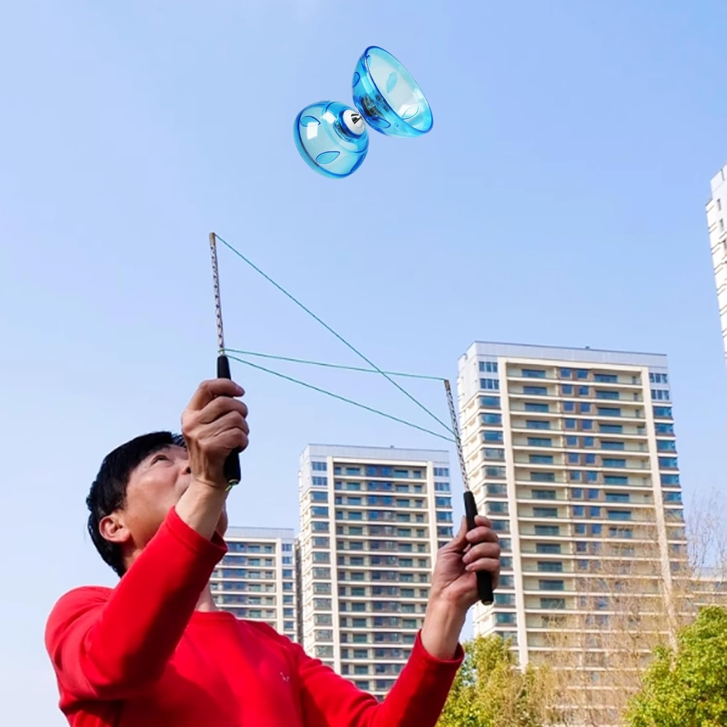 Diabolo Chinese Yoyo Set Portable Blue Large Triple Bearing Diabolo Yoyo with Play Stick, String and Net Bag Execrising Training Toy for Adults, Kids, Elderly, Chinese