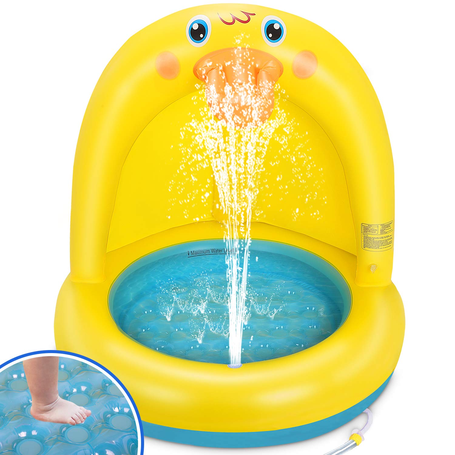 Inflatable Baby Pool, Duck Baby Splash Pool with Canopy Extra Soft Bubble Base for Kids Toddlers, Spray Water Fun Summer Blow Up Shade Pool for Outdoor and Indoor