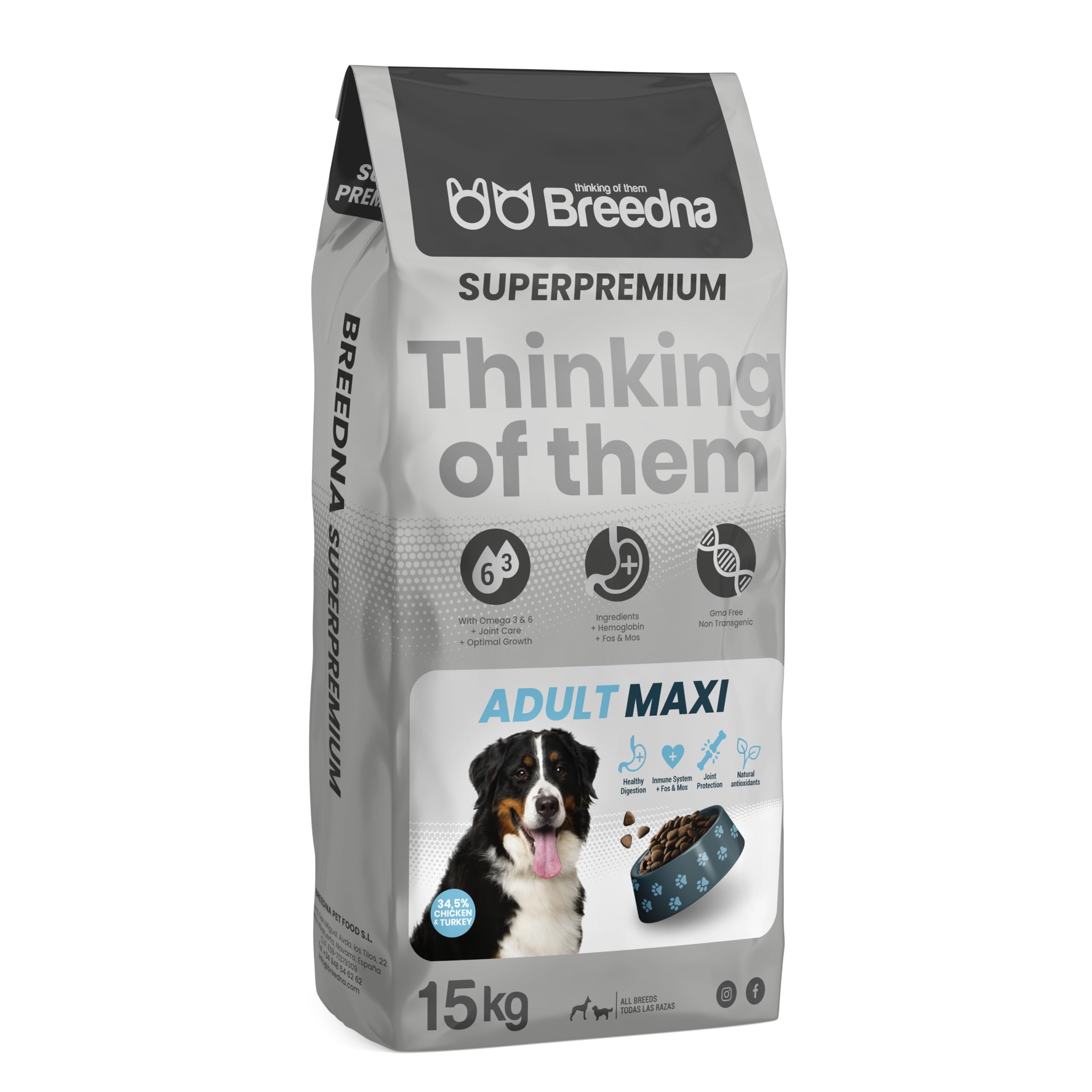BREEDNA - Adult Maxi 15kg | Pienso para Perros con Carne de Pollo y Pavo | Ideal para Razas Grandes | Comida para Perros Adultos con Omega 3 y 6 | para una Piel Sana y Pelaje Brillante