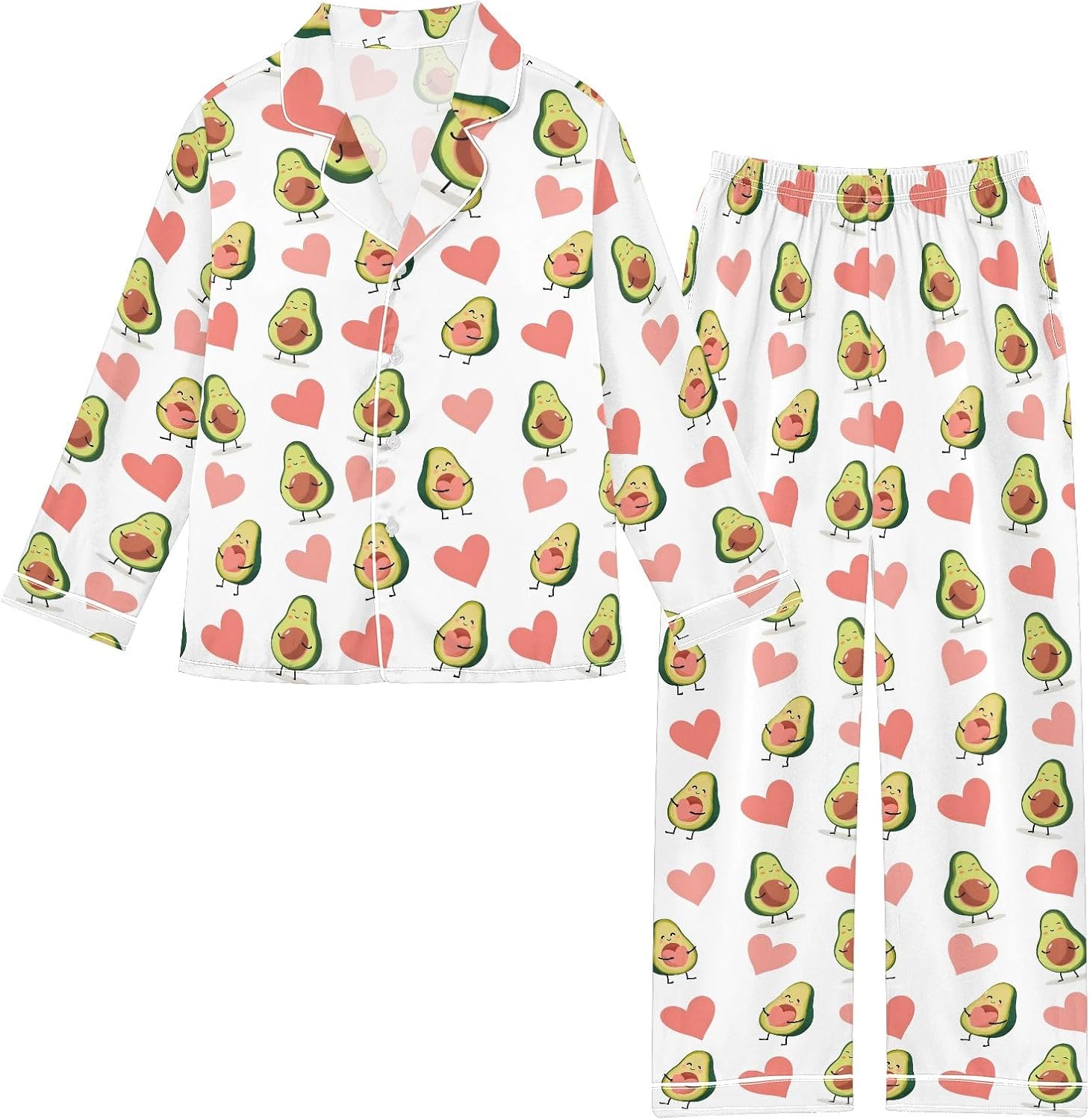 Kids Casual Satin Wear Set Avocado Heart Pattern Unisex Relaxed Fit Clothing