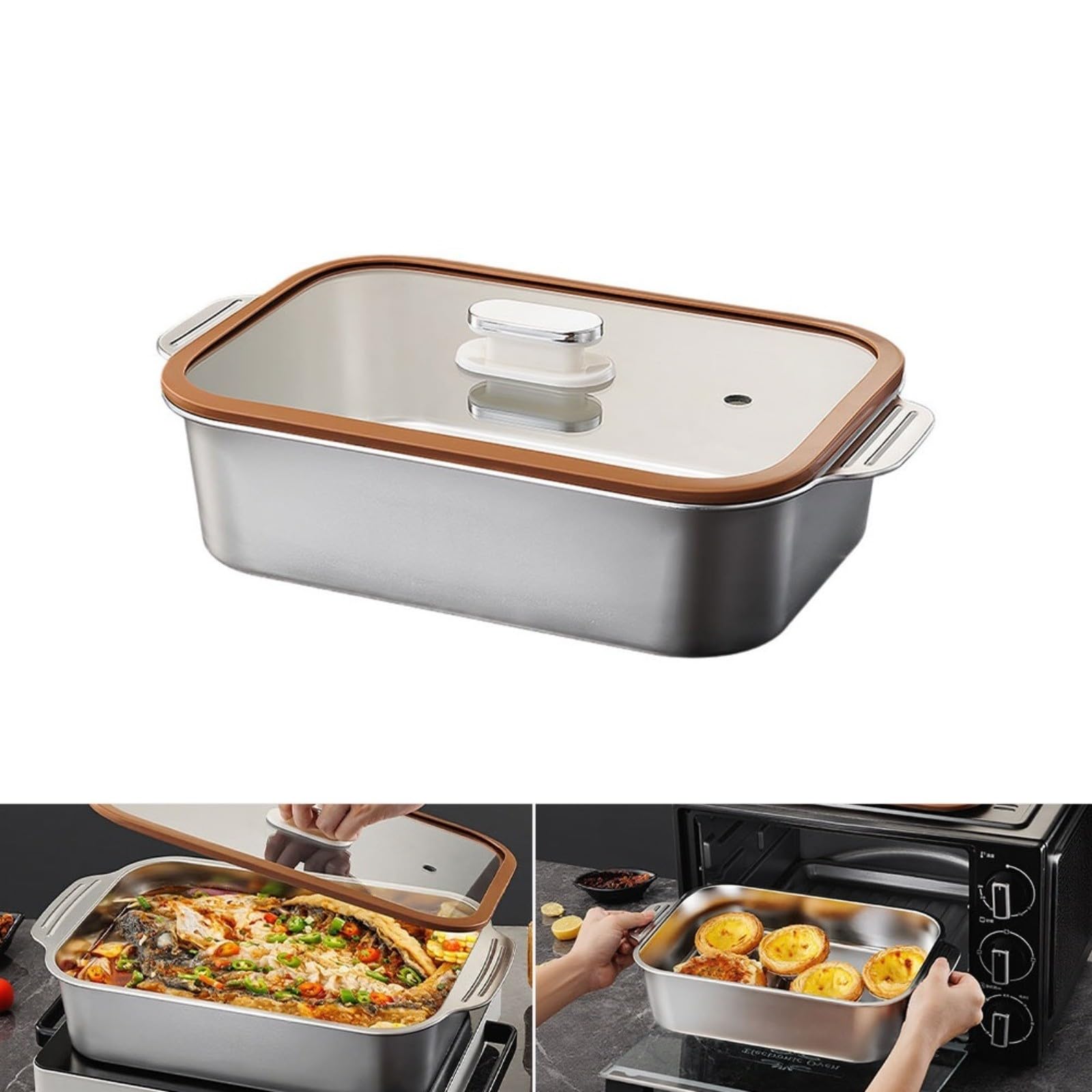 RichVibe Rechteckige Grill-Fischplatte aus Edelstahl, mit offener Flamme und Induktionsherd, kompatibel für Außen- und Innen-Kochen, 45 cm (45 flacher Deckel)