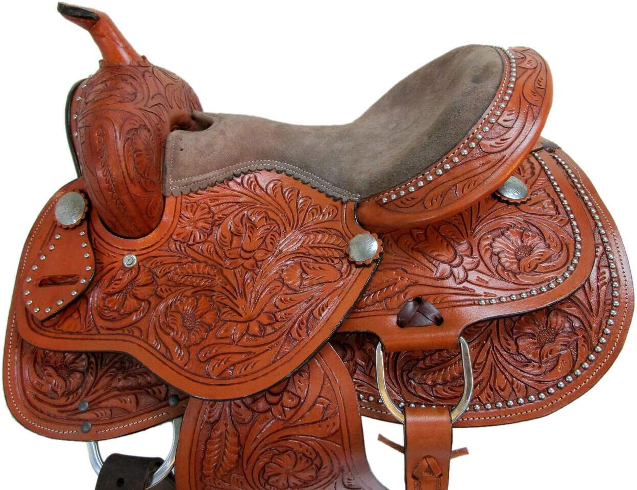 Barrel Horse Saddle Western Racing Handmade Premium Leather Comfort Riding Trail Equestrian Tooled Carved Get Matching Headstall, Breast Collar & Reins Size: 10-18 inches, MO-UMC-121
