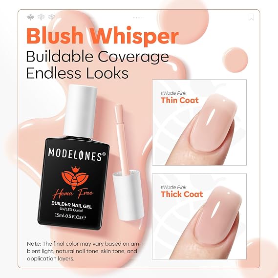modelones Builder Nail Gel HEMA-Free Neutral Nude Builder Strengthener | in-1 Nude Hard Rubber Color Base Gel Polish Strengthener for Nail Extension, Natural Apex, Self-Leveling, U/V Cured Salon