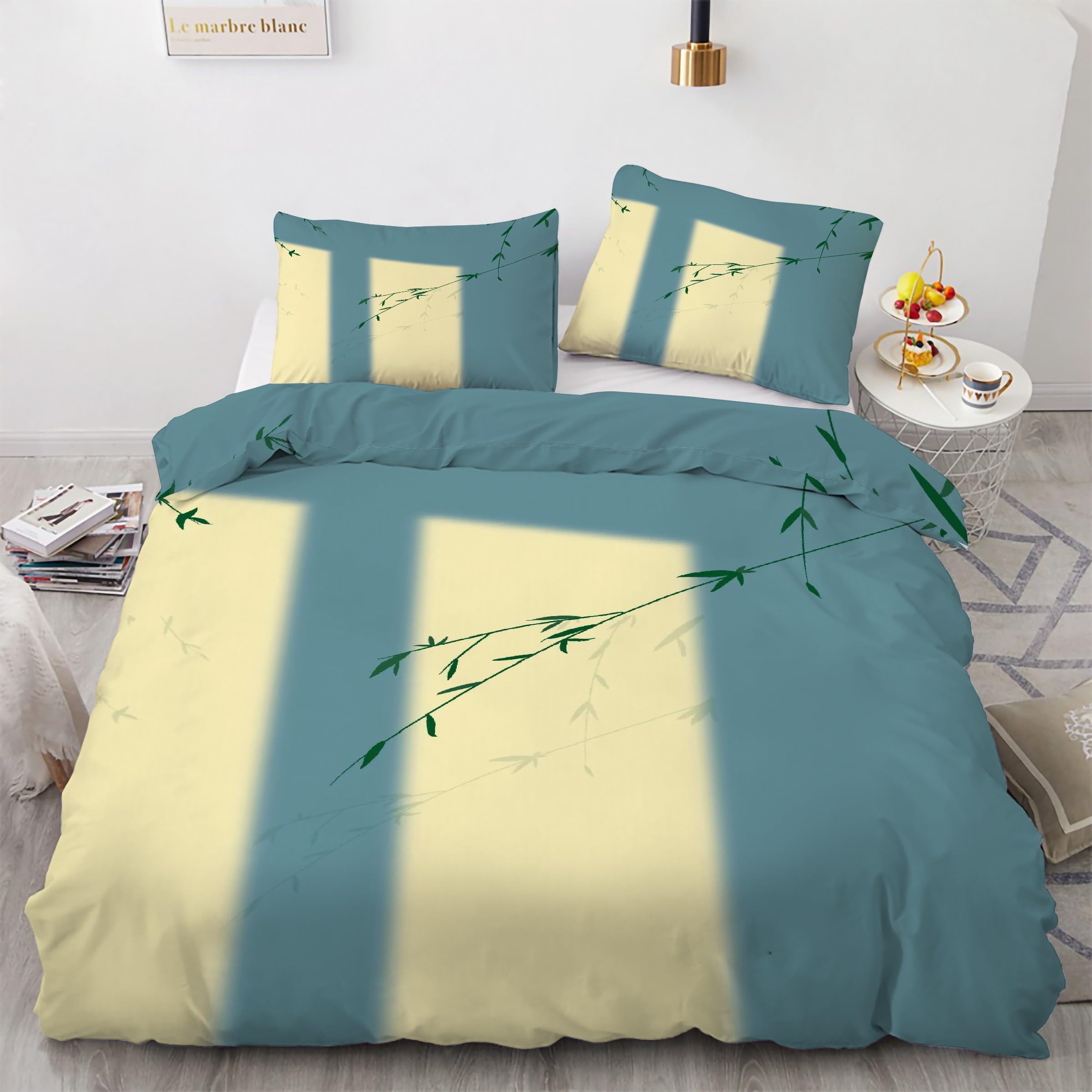 Housse de couette 90x190 bleu feuille avec ensemble de literie microfibre douce 3 pièces