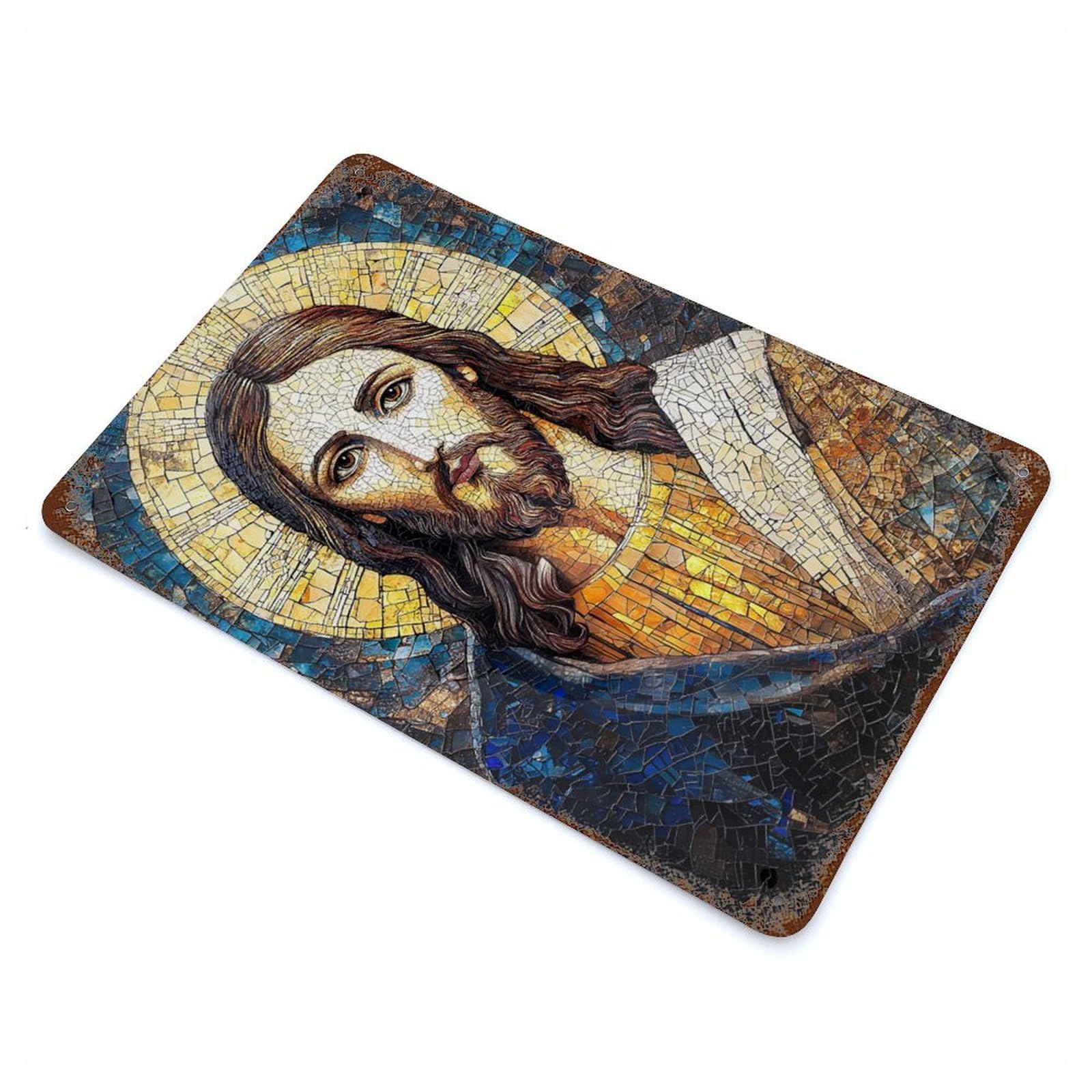 Mosaic Jesus Portrait Rusty Metal Tin Sign 11.8"x7.9", for Basement, Hobby Room And Garage Decor, Retro Wall Decor
