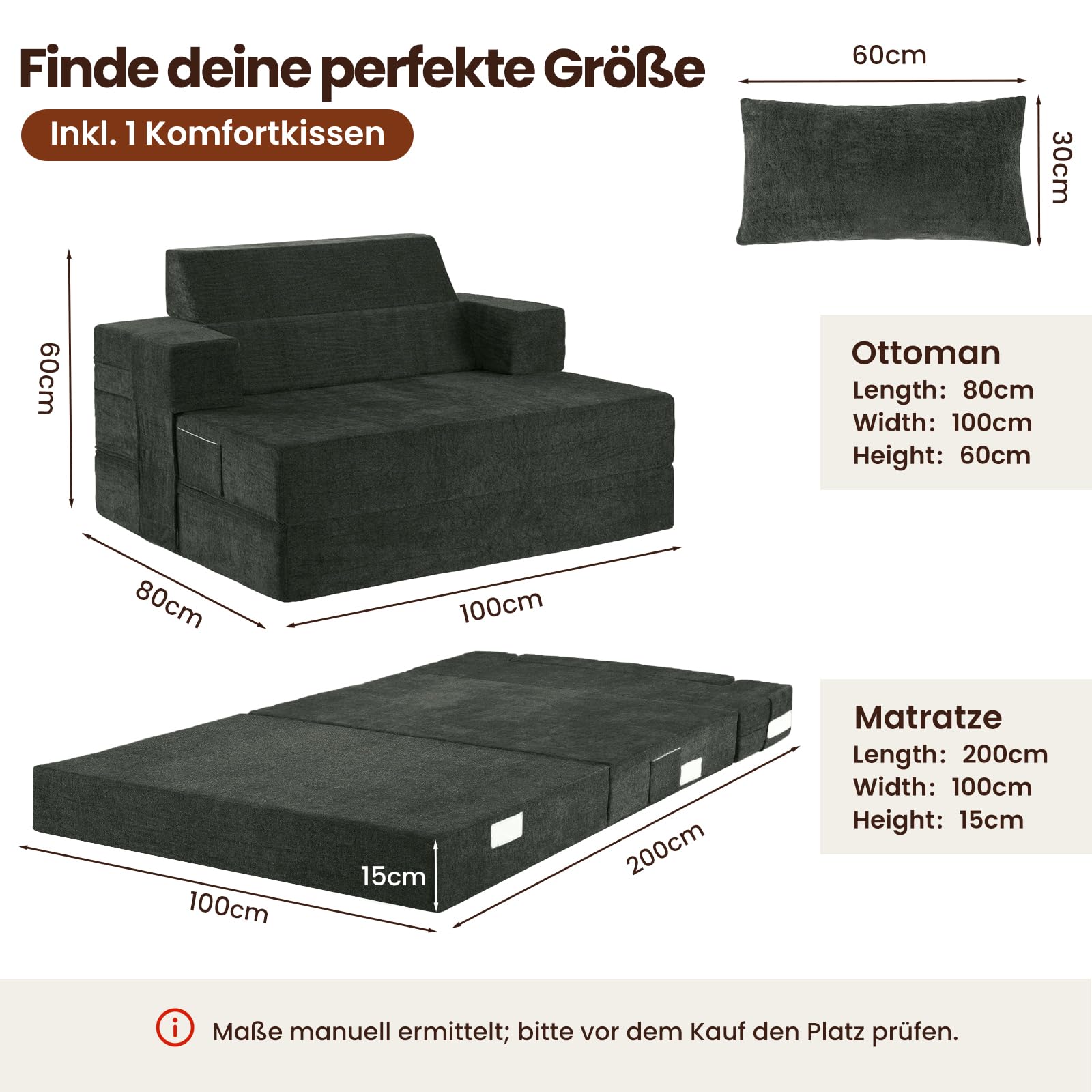 4-in-1 Schlafsofa 100 x 200 cm – Schlafsessel mit Bettfunktion, klappbares Bettsofa, Faltbare Schlafcouch mit schrägen Rückenkissen & separatem Kissen, waschbarer Bezug, Grau
