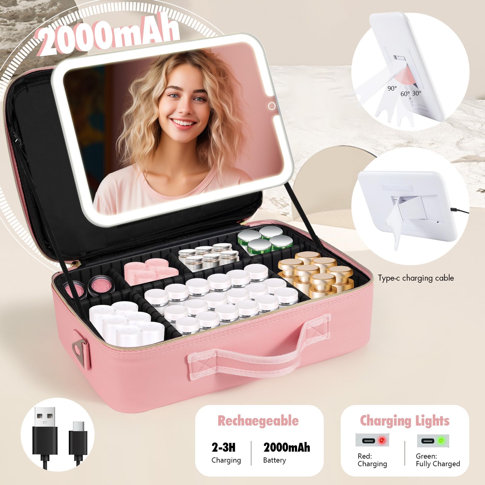 38x28CM Borsa per il trucco con specchio LED rimovibile, custodia da viaggio per il trucco con 3 luci dimmerabili colorate, custodia cosmetica di grande capacità con divisori rimovibili e tracolla