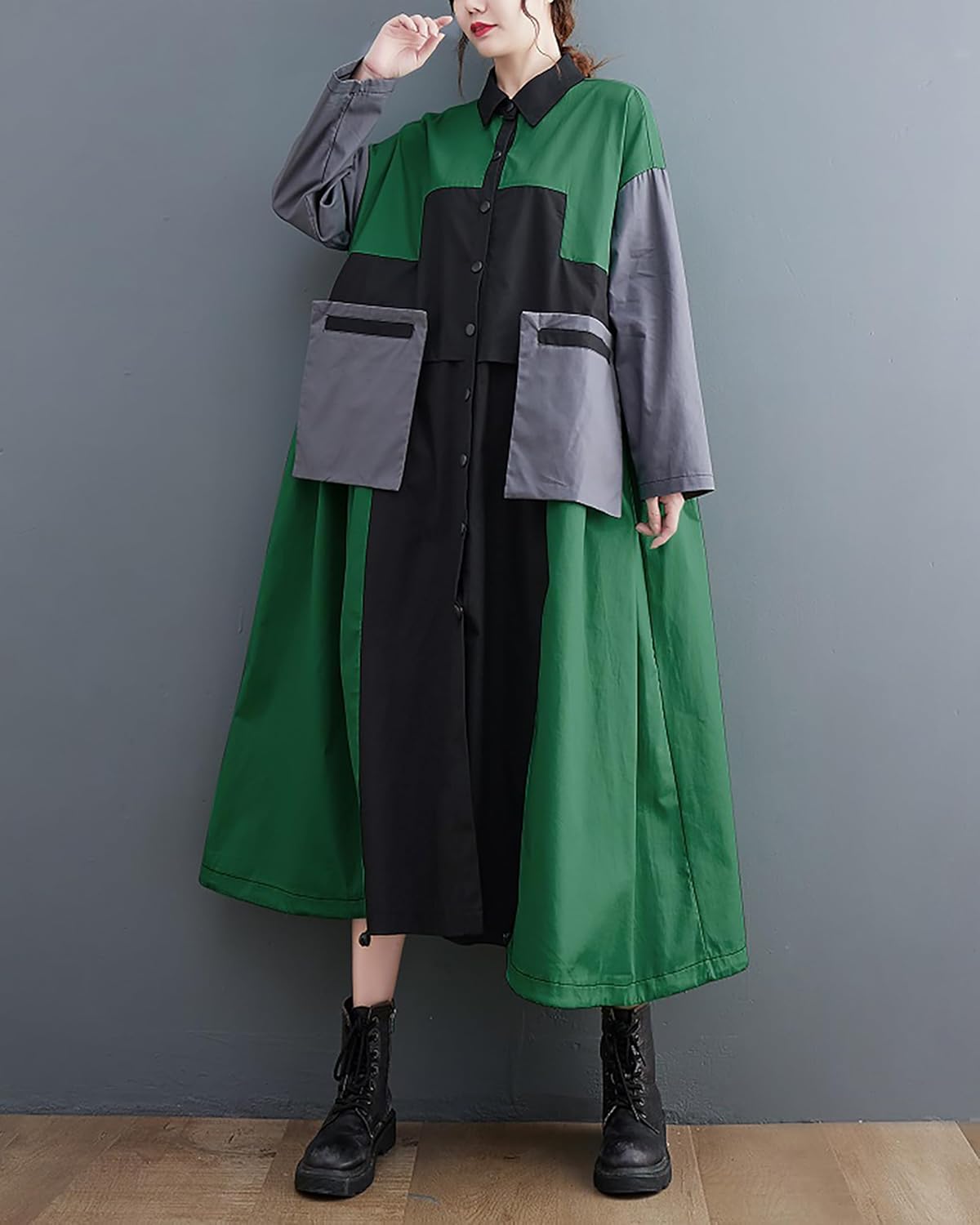 ellazhu Women's Shirt Dress Button Down Lapel Color Block Two Side Pockets Loose Oversize Fall GZ246 - Image 4