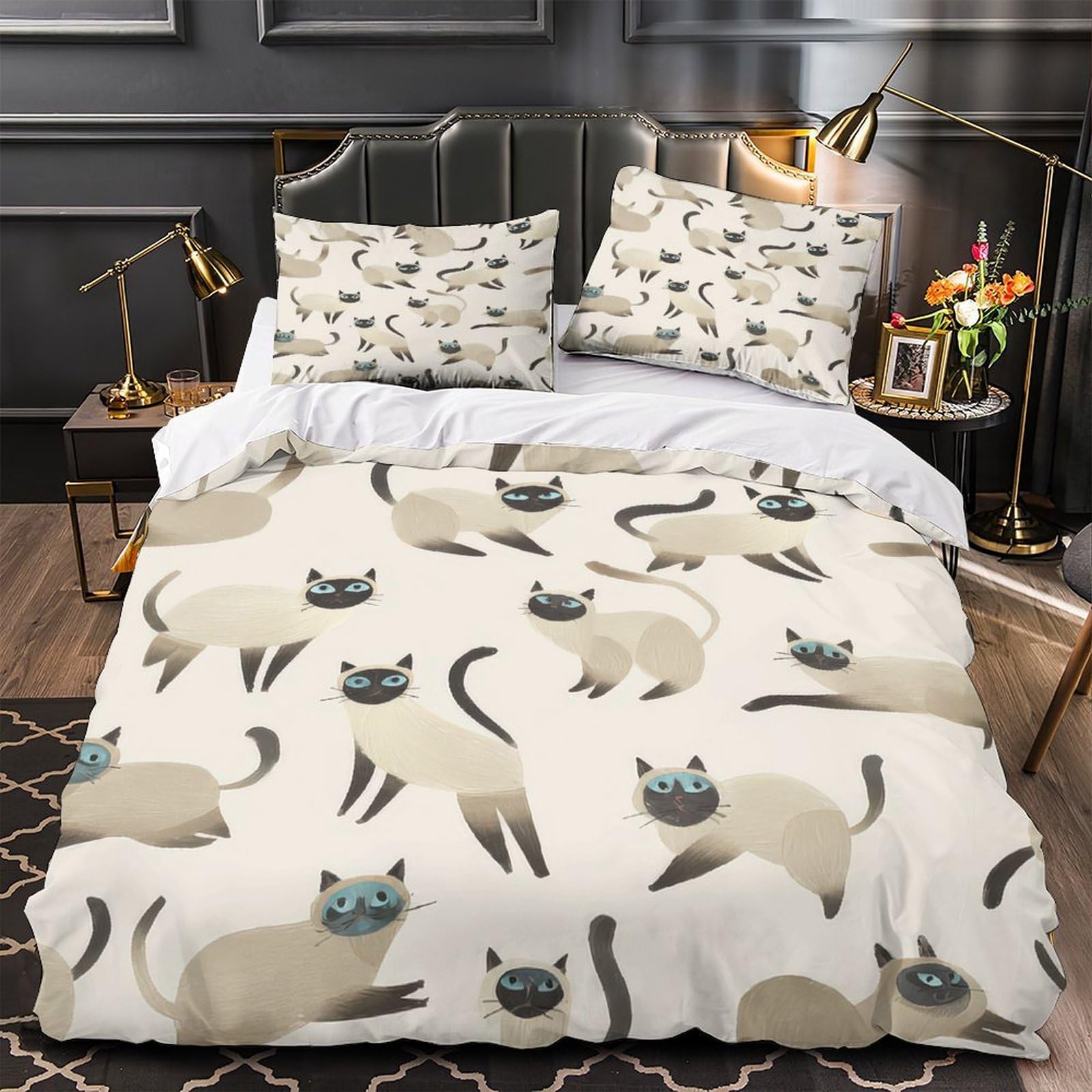 Linge de lit chat siamois 140x200 parure housse de couette microfile 3D dessin animé lit enfant single