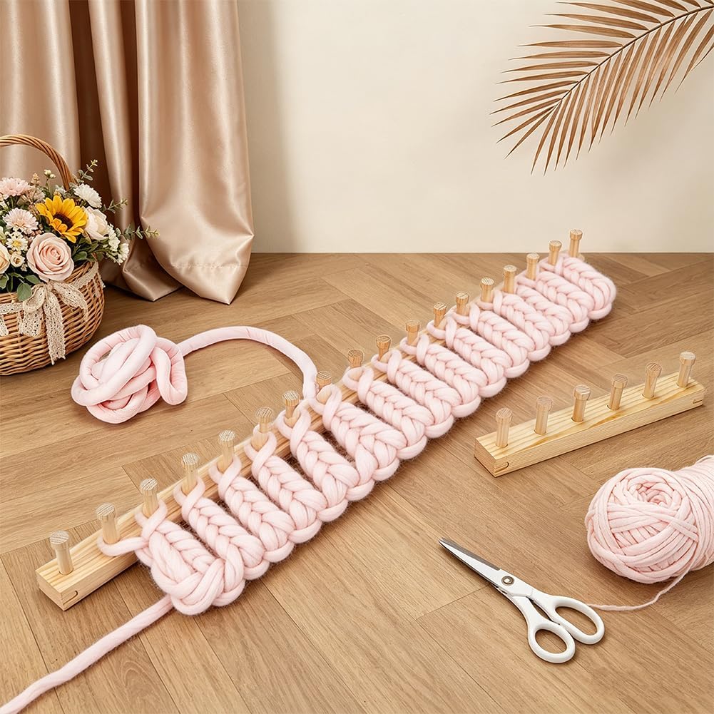 PH PandaHall Chunky Blanket Knitting Loom Pine Wood Hand Weaving Looms Adjustable Loom Frame Kit Yarn Knitting Looms for Beginners Craft Tool DIY Blankets Making Weaving Projects, 55 Inch Long