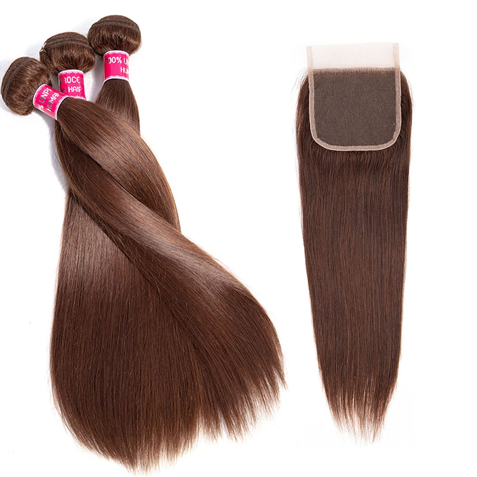 Peruvian Virgin Hair Straight Human Hair Bundles Hair Weave 100% Human Hair Extensions 14 16 18 with 12" Free Part 4X4 Lace Closure #4 Light Brown Color