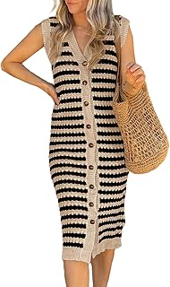 Women's V Neck Striped Summer Tank Dress Causal Sleeveless Button Cardigan Midi Cover Up Dresses - Buy now