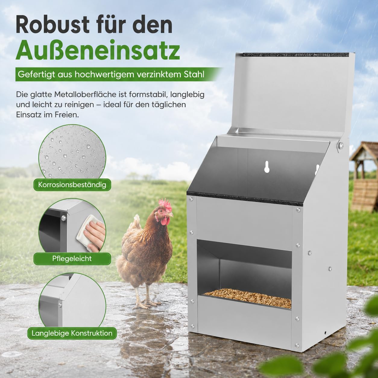 5kg Futterautomat Hühner, verzinkter Stahl, Hühnerfutter Automat rattensicher, wasserfest – Hühner Futterautomat für Stall/Freiland, inkl. Handschuhe, Löffel, Kratzschutzstreifen