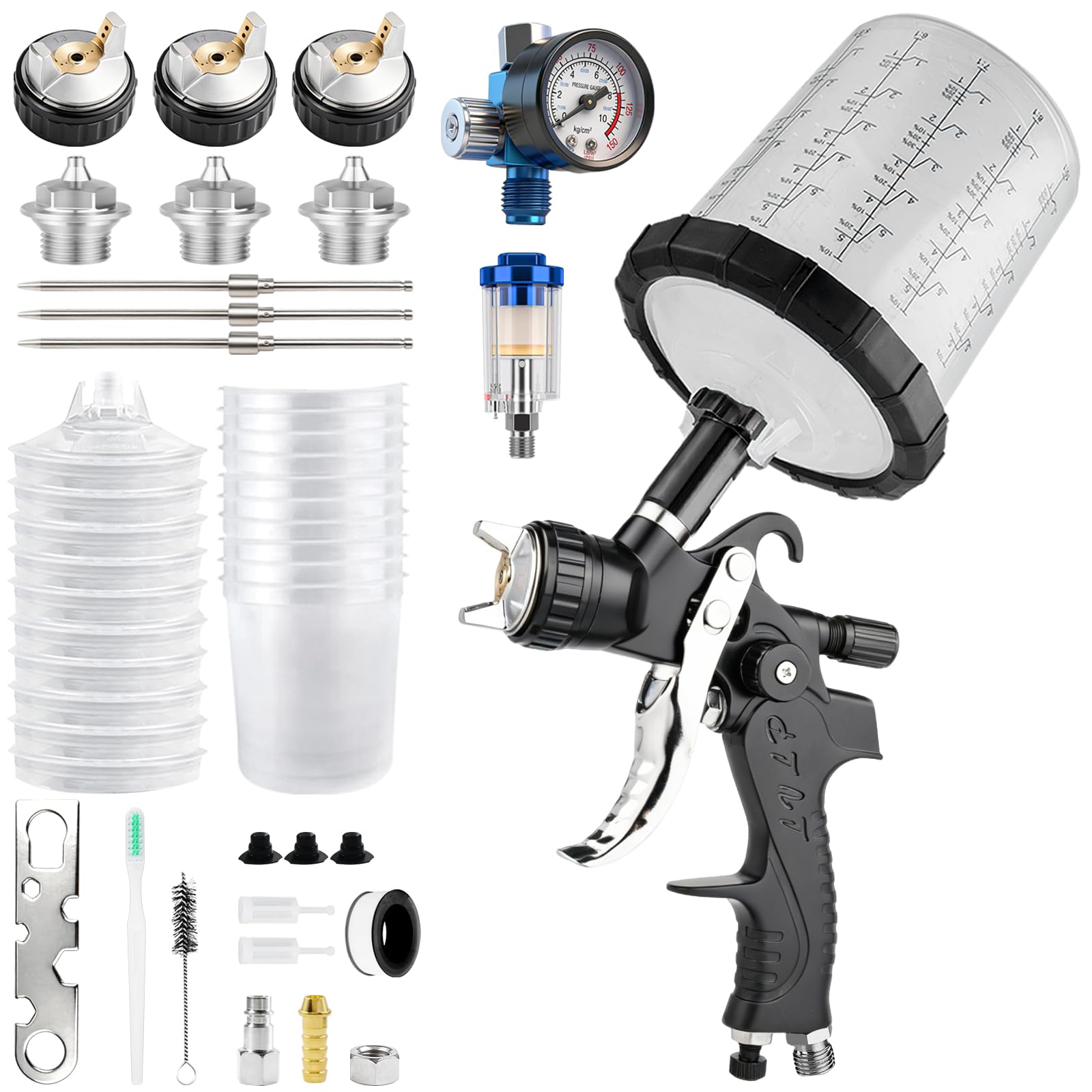 LVLP Pistolet pulvérisateur avec gobelet mélangeur de 650 ml et 10 gobelets jetables, buses de 1,3/1,7/2,0 mm, pistolet à peinture pour voiture, maison, meubles, clôtures, peintures et vernis de