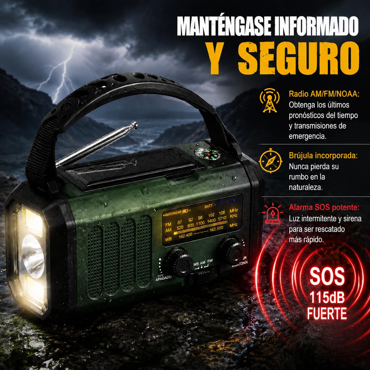Radio de Emergencia Solar y Manivela 20000mAh, Radio FM/Am Portátil con Linterna, Luz de Lectura, SOS y Cargador USB para Apagones, Camping y Emergencias