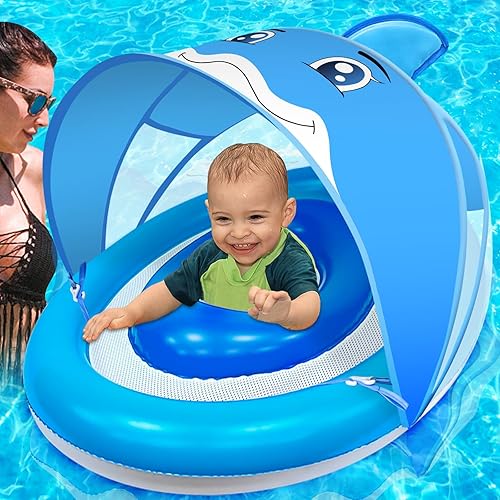 AMENON Dolphin - Flotador inflable de piscina para bebés de 6 a 36 meses con toldo ajustable UPF50+ de 4 etapas, asiento de seguridad