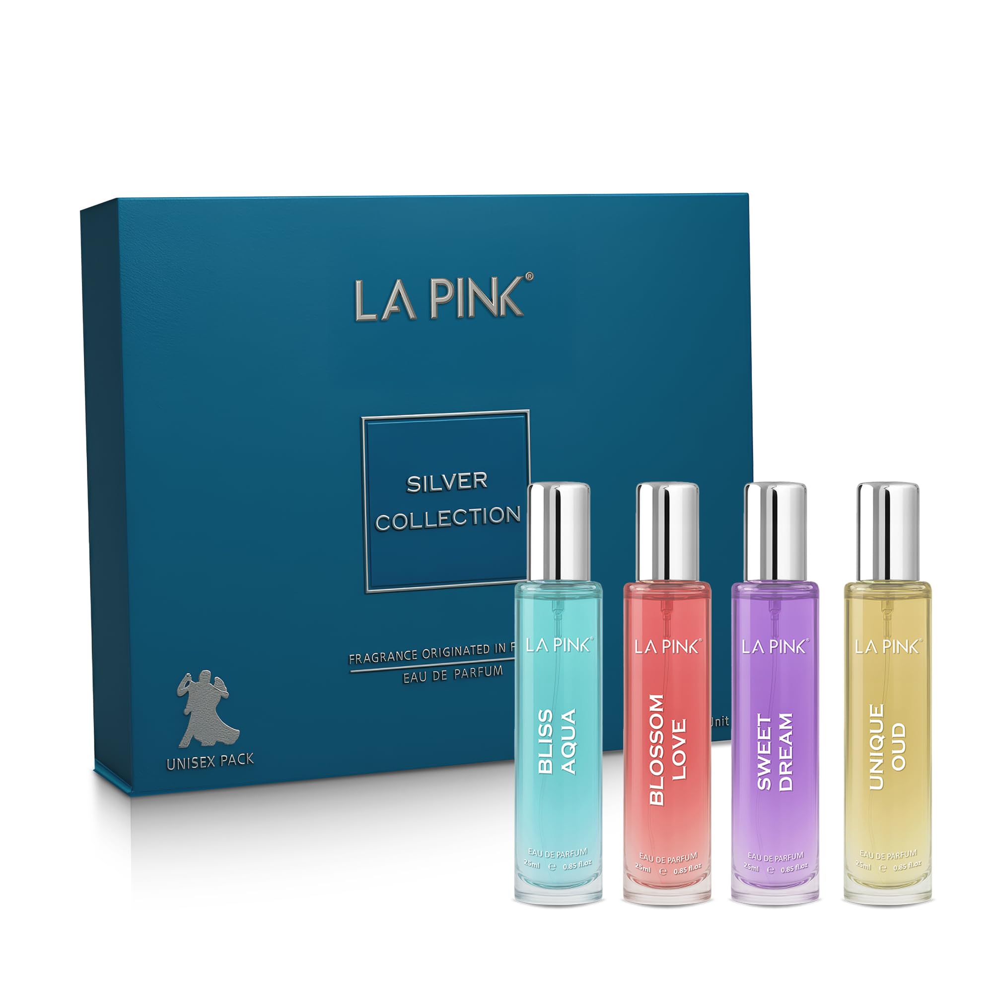 La Pink Silver Collection Unisex EDP Perfume Gift Set | Long Lasting Eau De Parfum | Travel-Friendly Fragrance Pack | Ideal Gift for Men & Women | Perfect for Special Occasions | Pack of 4 (25ml each)
