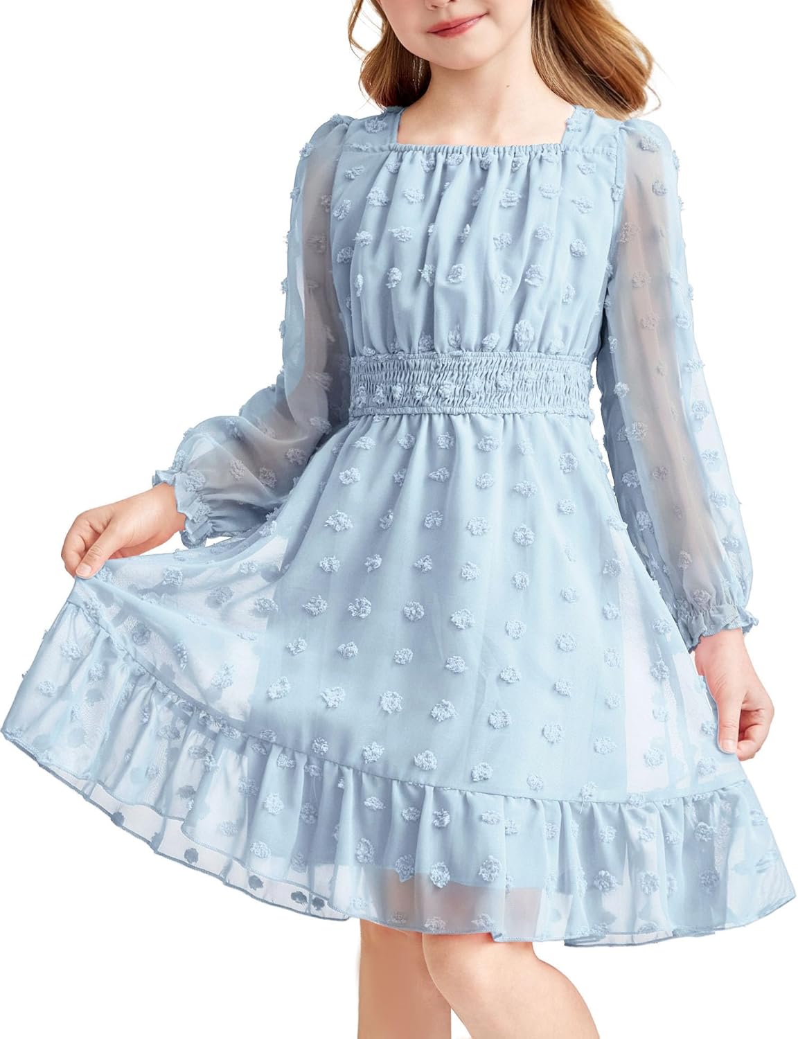 Arshiner Girls Dresses Long Sleeve Square Neck Swiss Dot Flowy Casual Party Dress