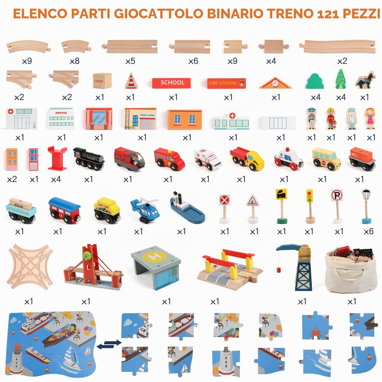 Set di 121 binari in legno, per ragazze e ragazzi