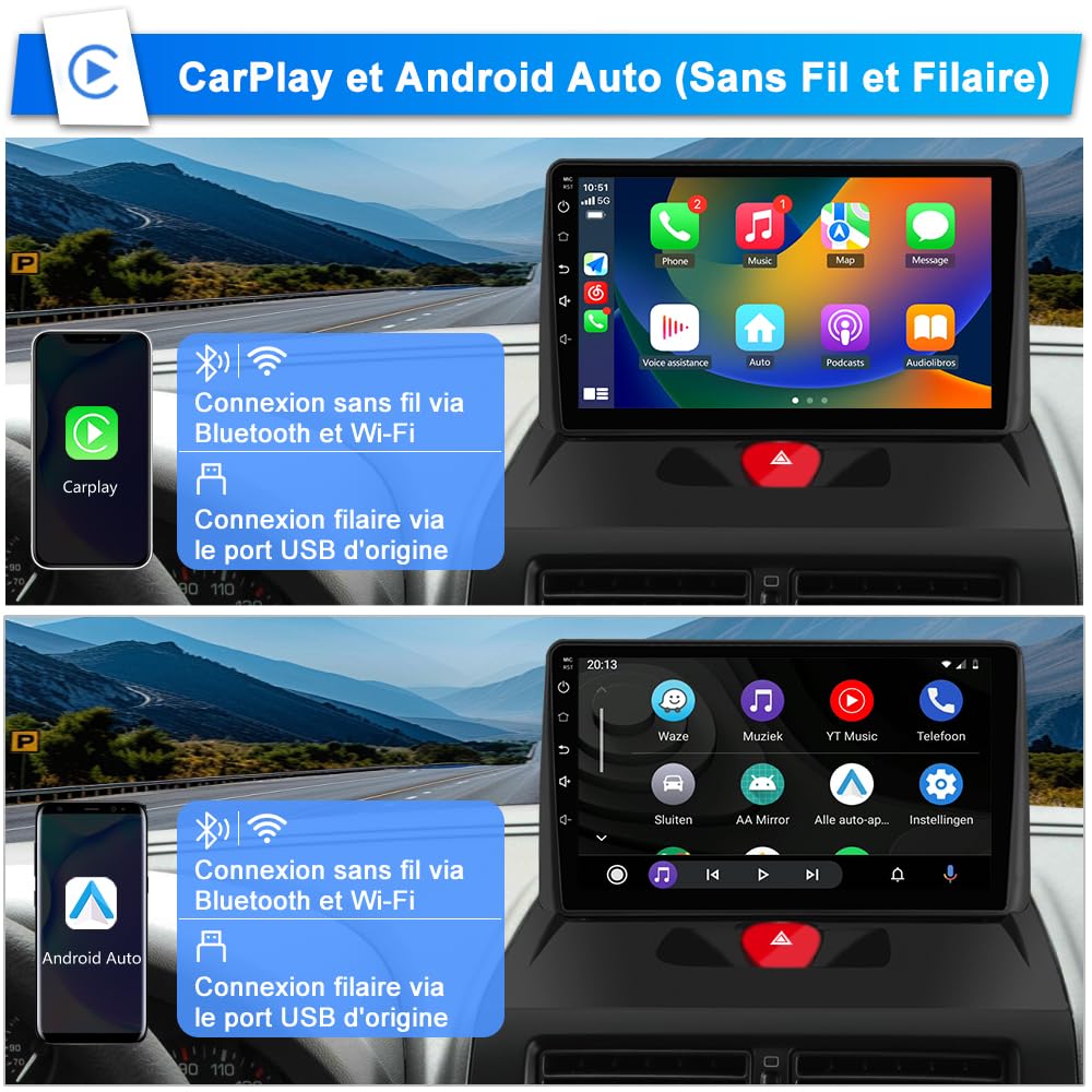 AWESAFE Autoradio Android 15 pour Peugeot Expert 2/Citroën Jumpy/Fiat Scudo/Toyota Proace (2007-2016), 9" Écran Tactile 2Go+64Go, CarPlay & Android Auto, GPS, Bluetooth WiFi FM USB DSP, SWC