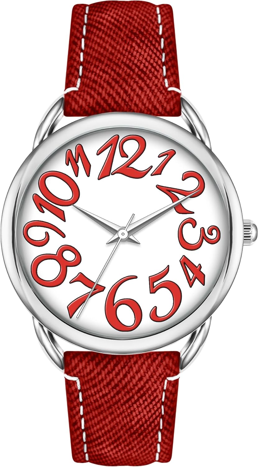 Bisley Women Watch Big Arabic Numbers Dial Easy to Read Denim Leather Strap Watch