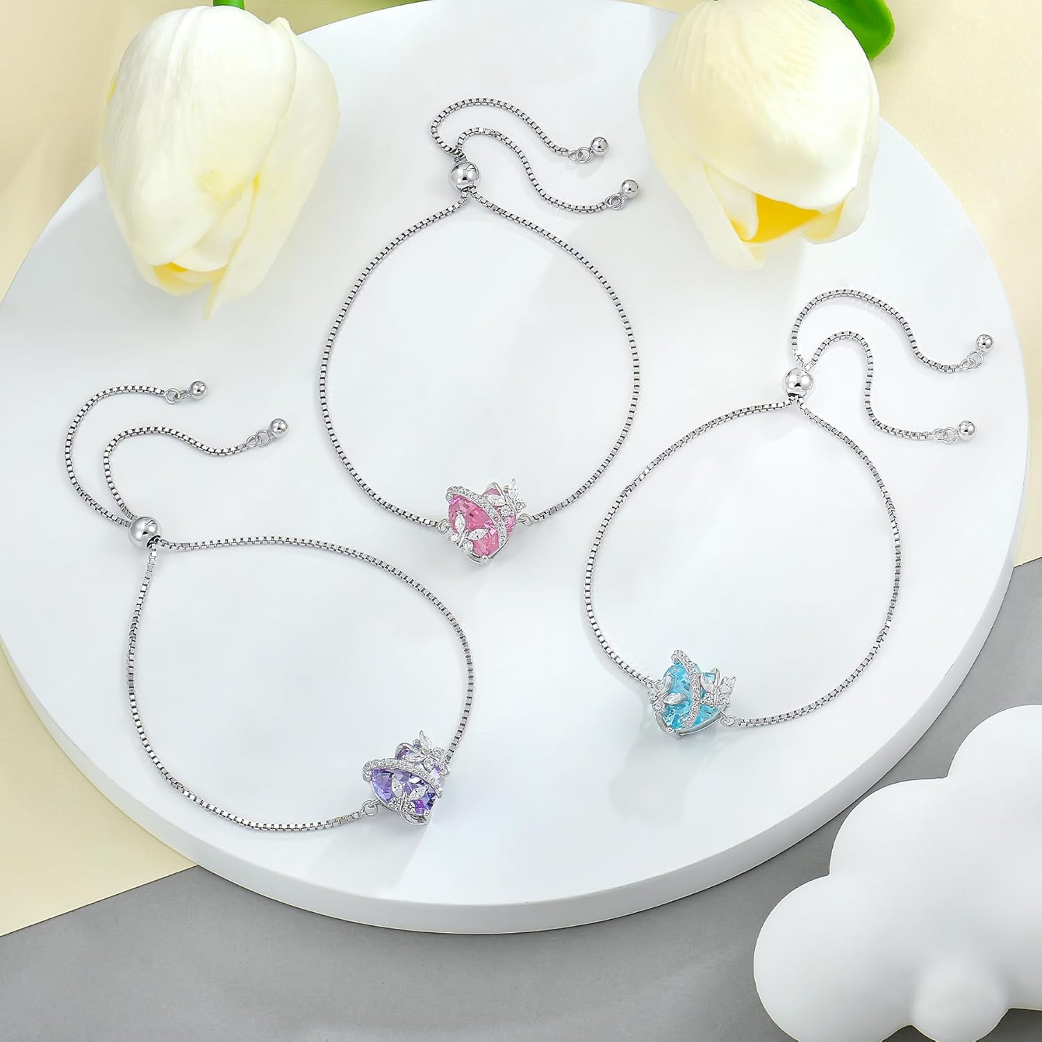 Kadınlar için Kelebek Bileklik, Gümüş Kalp Takı, Doğum Taşı Detaylı Bağlantılı Bileklik