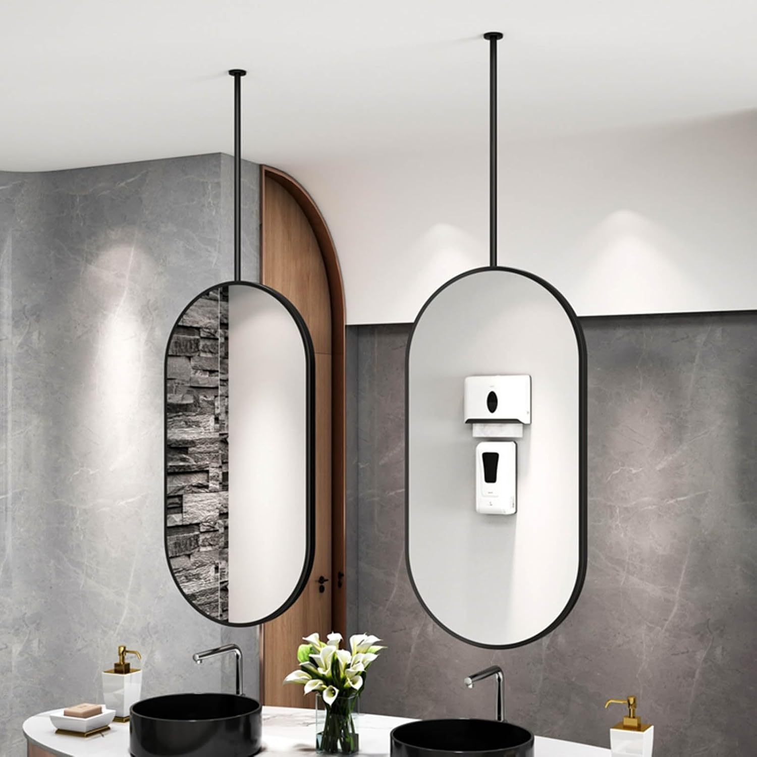 天井吊り下げミラー ブラックメタルオーバルフレームミラー、装飾化粧鏡 メイクアップウォールミラー シェービングミラー 寝室 洗面所用