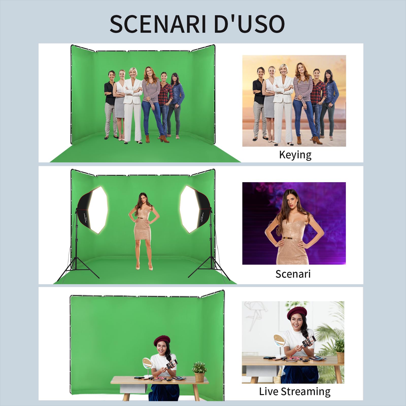 2,4 x 5 m professionale, portatile, grande sfondo verde Chromakey con cornice, sistema di supporto per foto di studio video, trasmissioni live, feste, palcoscenico