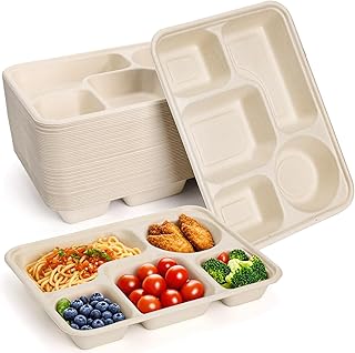 Hacaroa 50 Pack 5 Compartment Paper Plates Disposable, 11" x 8" Compostable Bagasse Plate School Lunch Trays, Biodegradable Divided Sugarcane Plates for Party, Picnic, Heavy Duty
