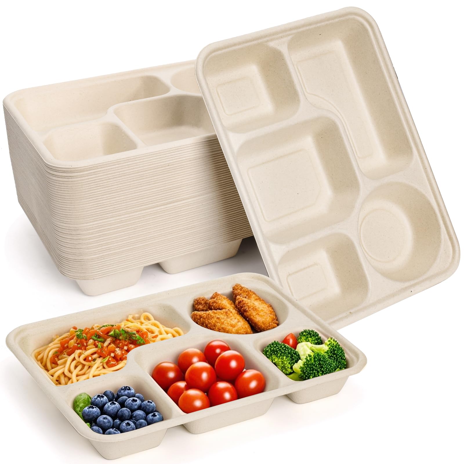 Hacaroa 50 Pack 5 Compartment Paper Plates Disposable, 11" x 8" Compostable Bagasse Plate School Lunch Trays, Biodegradable Divided Sugarcane Plates for Party, Picnic, Heavy Duty