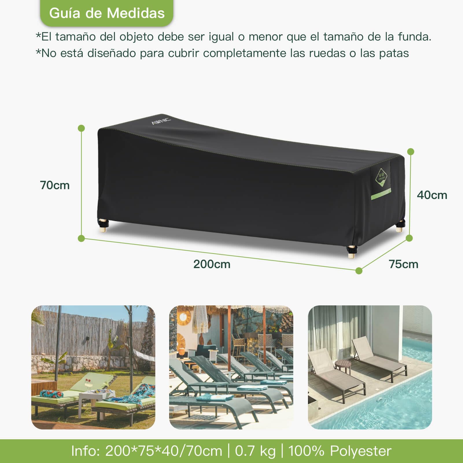 AWNIC Funda Protectora de 2 Piezas Tumbona de jardín, Funda para Tumbona de ratán, Impermeable 420D, 200 x 75 x 40/70 cm