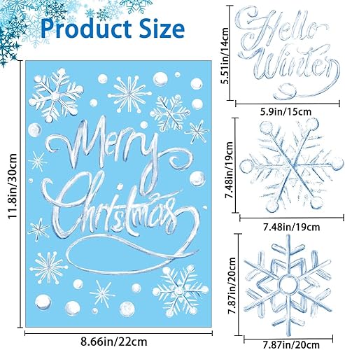 Miniatura 3 de YUJUN 8 hojas de calcomanías de ventana de copos de nieve de invierno, pintura al óleo azul de Navidad, copos de nieve, calcomanías para ventana de