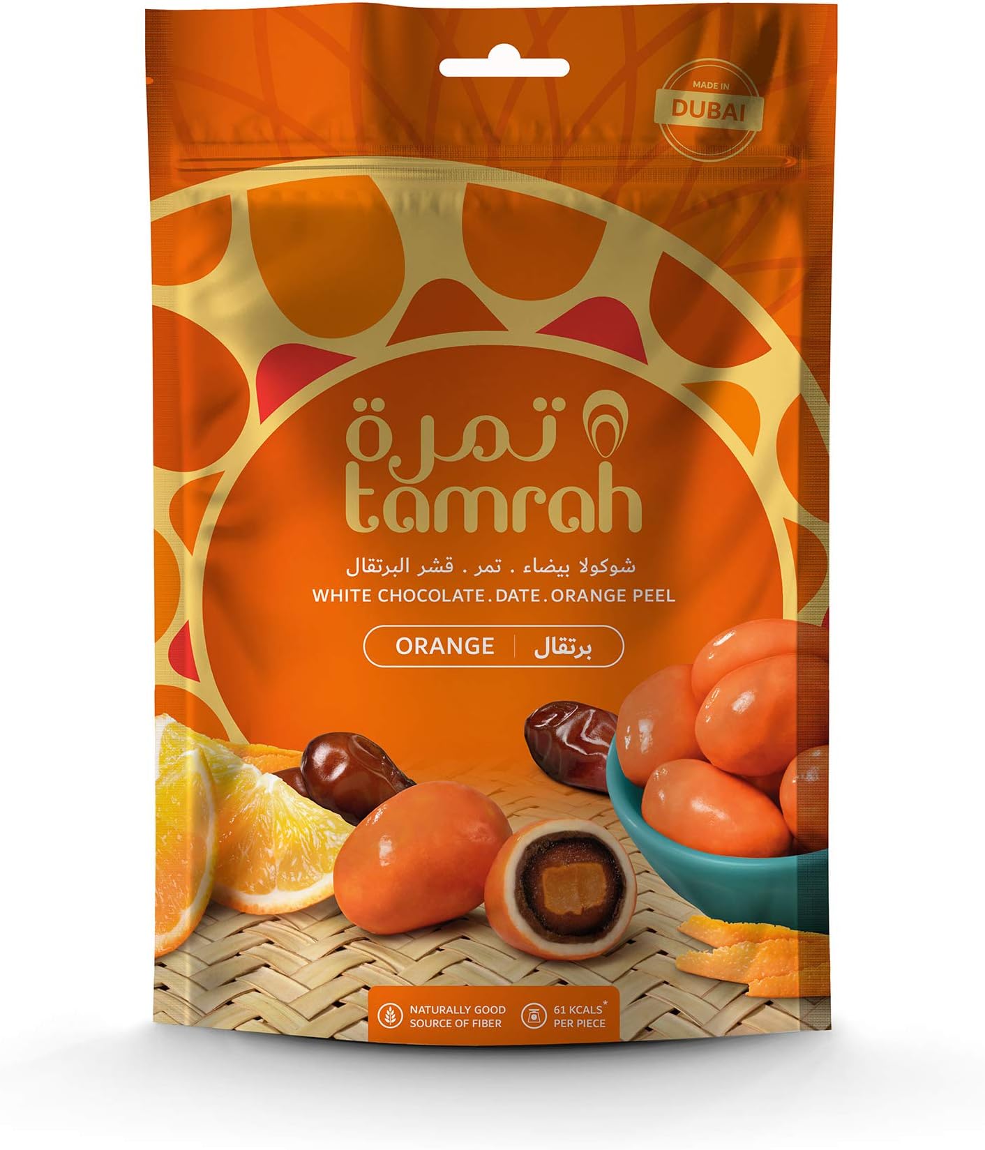 Tamrah Orange Chocolate Zipper Bag, 100g | Exquisite Date & Chocolate Combo with Almond Center | Irresistible Orange Flavor Snack | Luxurious Treat for Gifting, Sharing & Special Occasions