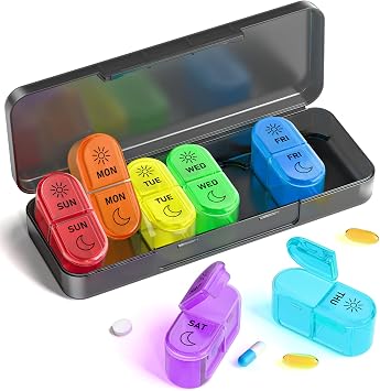 Pill Organizer, Am & Pm Pill Organizer 7 Days, Weekly Pill Organinzer 2 Times a Day, Pill Box 7 Day, Medicine Pill Organizer for Travel, Vitamins, Fish Oils, Supplements