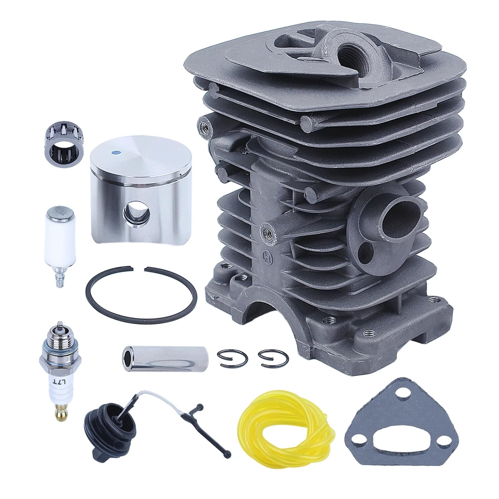Compatible con motosierra Husqvarna 136, 137, 141 y 142. Repuesto 530069941. Tapa de combustible, filtro, línea, cojinete de agujas, kit de pistón de cilindro de 40 mm.