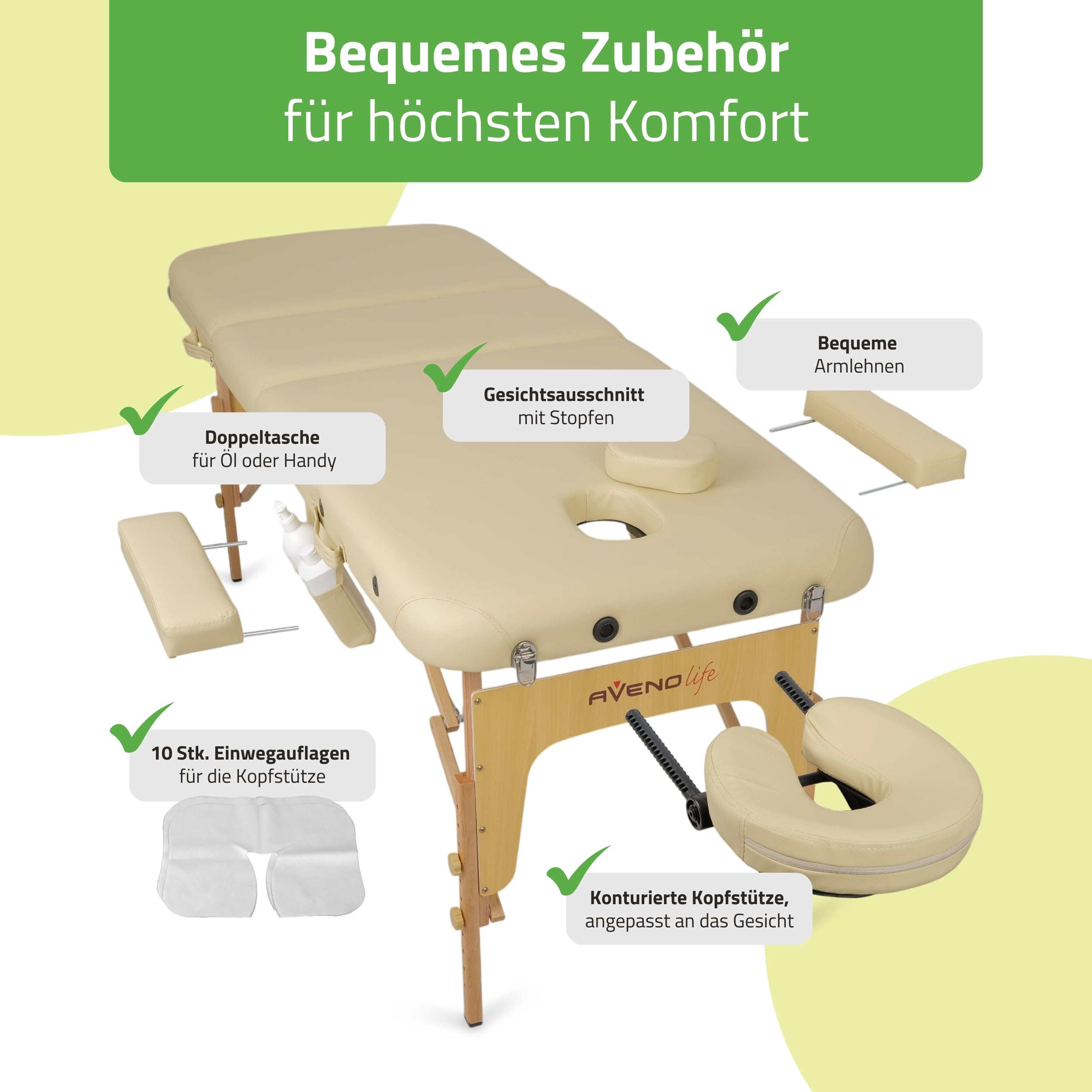 HABYS Mobile Massageliege Klappbar aus Holz 3 Zonen 185×70cm Verstellbare Rückenlehne 48° Massagetisch mit Kopfstütze Tragetasche bis 250 kg
