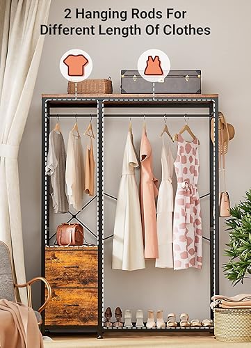 Miniatura 2 de Lulive Perchero de ropa resistente para colgar ropa, estantes de ropa industrial con estantes, 2 cajones de tela, 4 ganchos, 2 varillas para colgar,