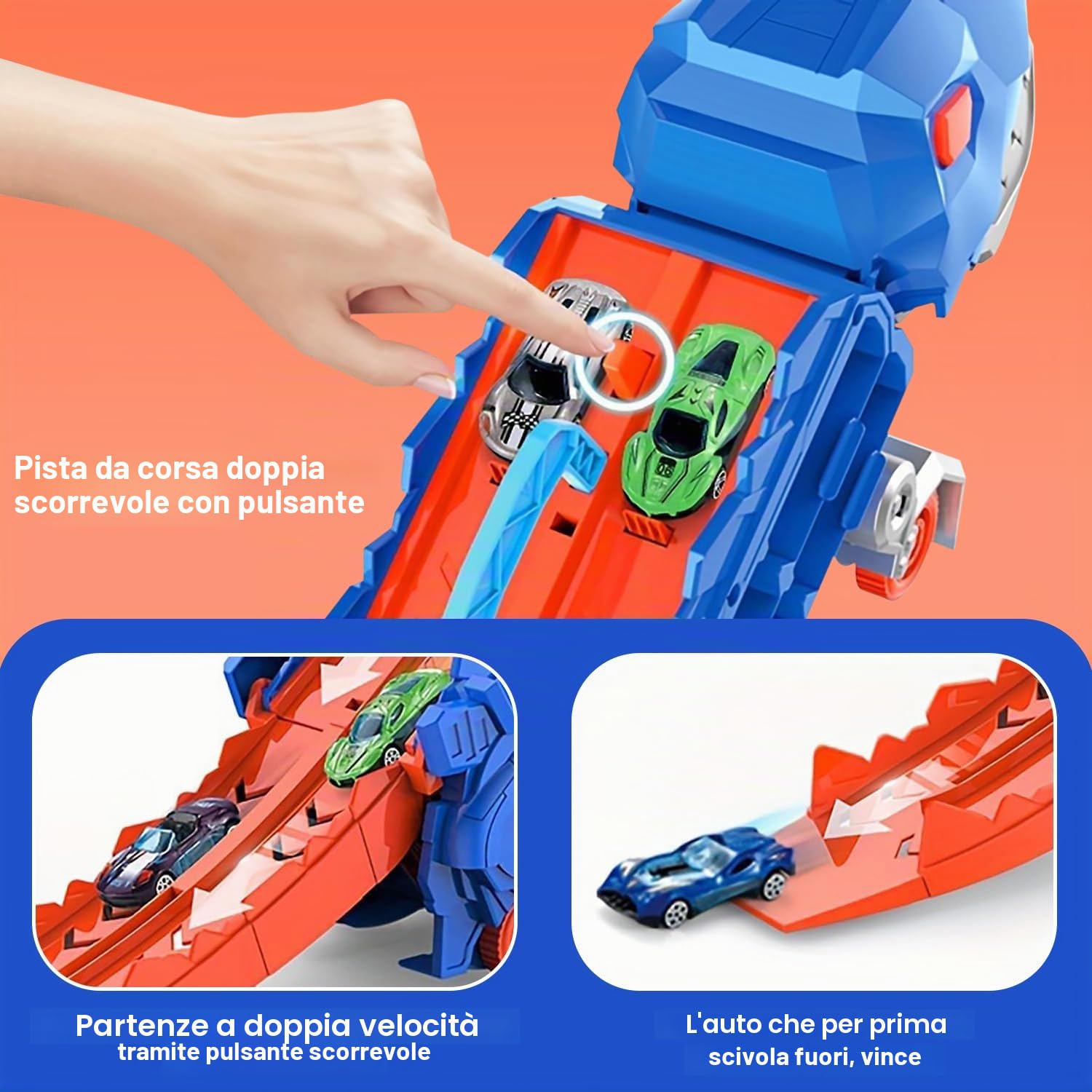 Esteopt Camion Trasporto Giocattolo Auto per Ragazzi Età 3 4 5 6 7, Camion Pista da Corsa Dinosauri Portatile con Set di 12 Dinosauri in Scatola Regalo (Blu)