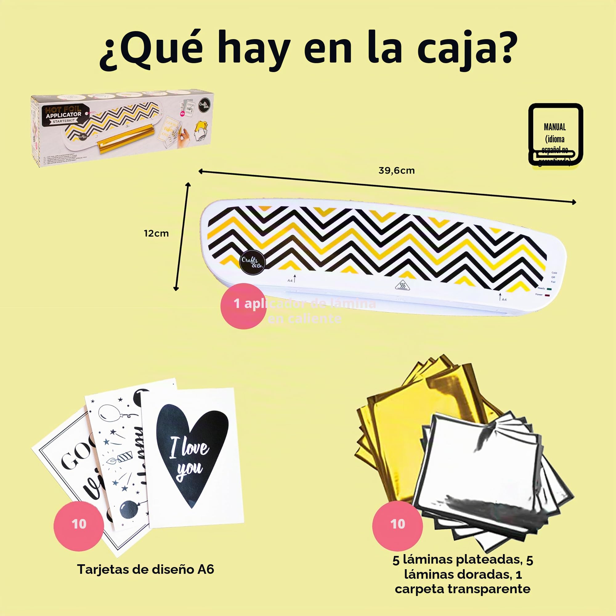 Crafts&Co® Hot Foil Applicator | Incluye 5 Láminas Plateadas y 5 Doradas, 10 Tarjetas A6 Impresas + 1 Carpeta Transparente | Blanco