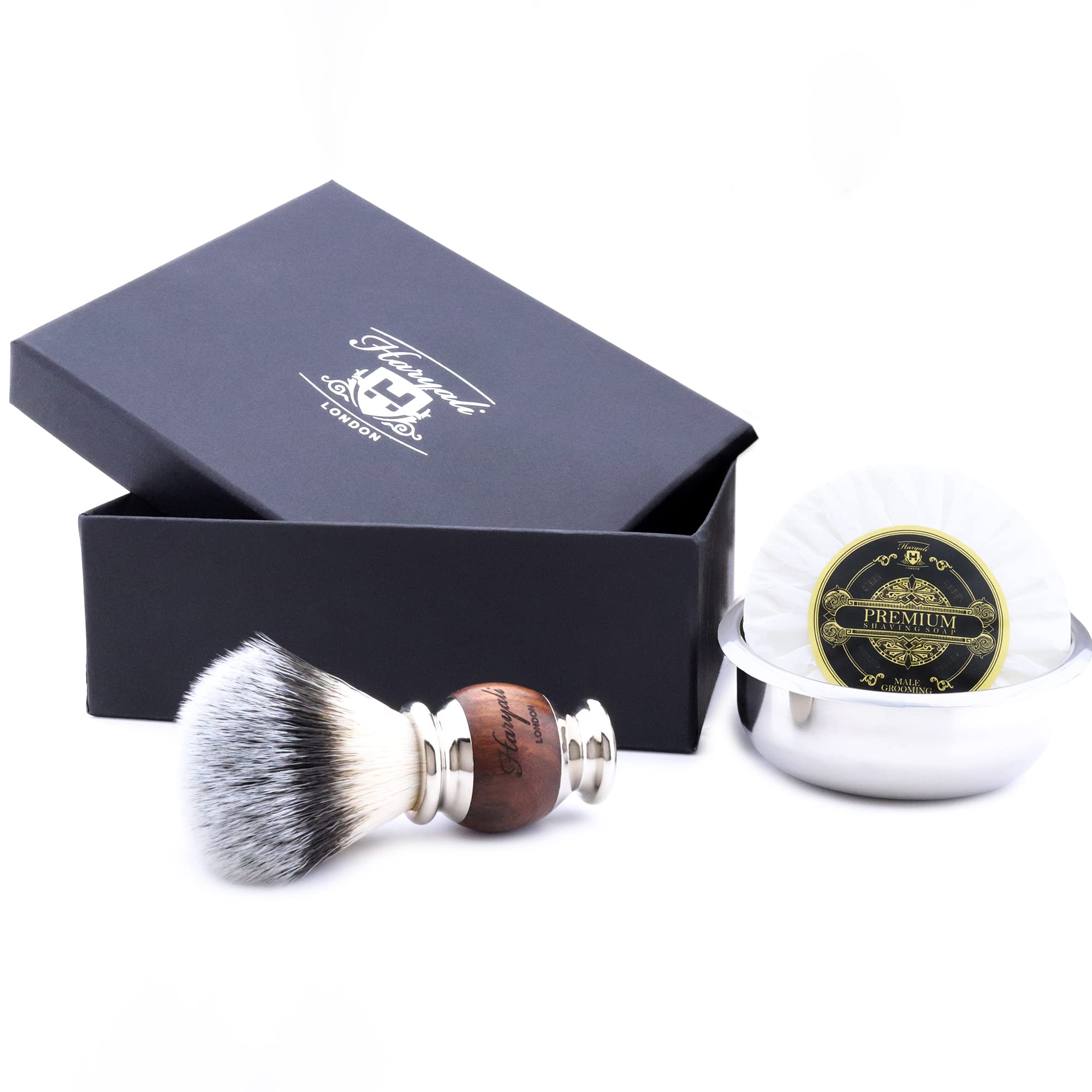 Haryali London Brocha de afeitar – Brocha de afeitar vegana – Bandeja de afeitar – Jabón de afeitar – Juego de 3 piezas – Mango de madera, Metal – Bandeja de afeitar de acero inoxidable – Pelo