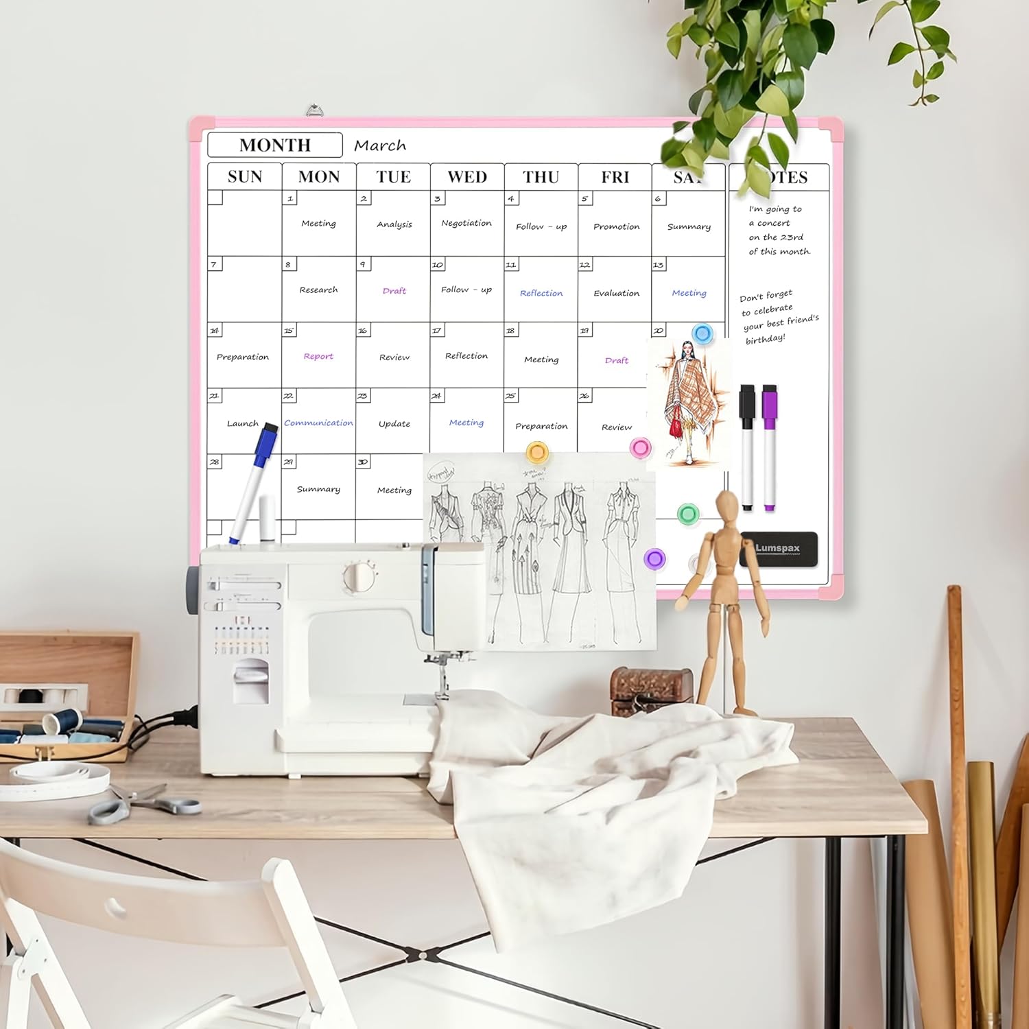 Monthly Whiteboard Calendar for Wall, 24" x 18" Dry Erase Board with Plastic Frame, Hanging Dry Erase Calendar with 3 Mini Sticky Notes for Kitchen Planner, Memo, Home and Office, Pink