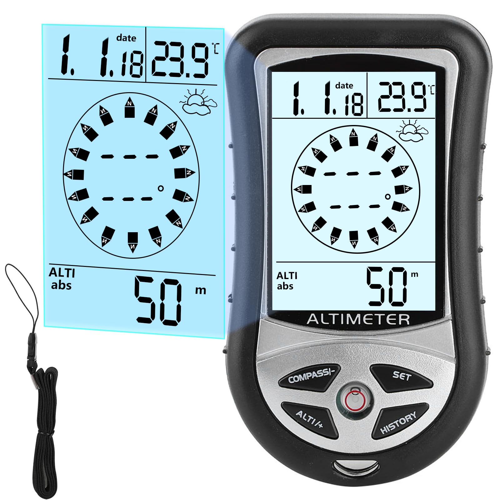 Altimètre numérique, boussole numérique, thermomètre de randonnée, minuterie et rétroéclairage, baromètre manuel 8 en 1 pour alpinisme en extérieur 2300 à 29500 pi 1100 MBAR, 300 mbar à 1100 mbar