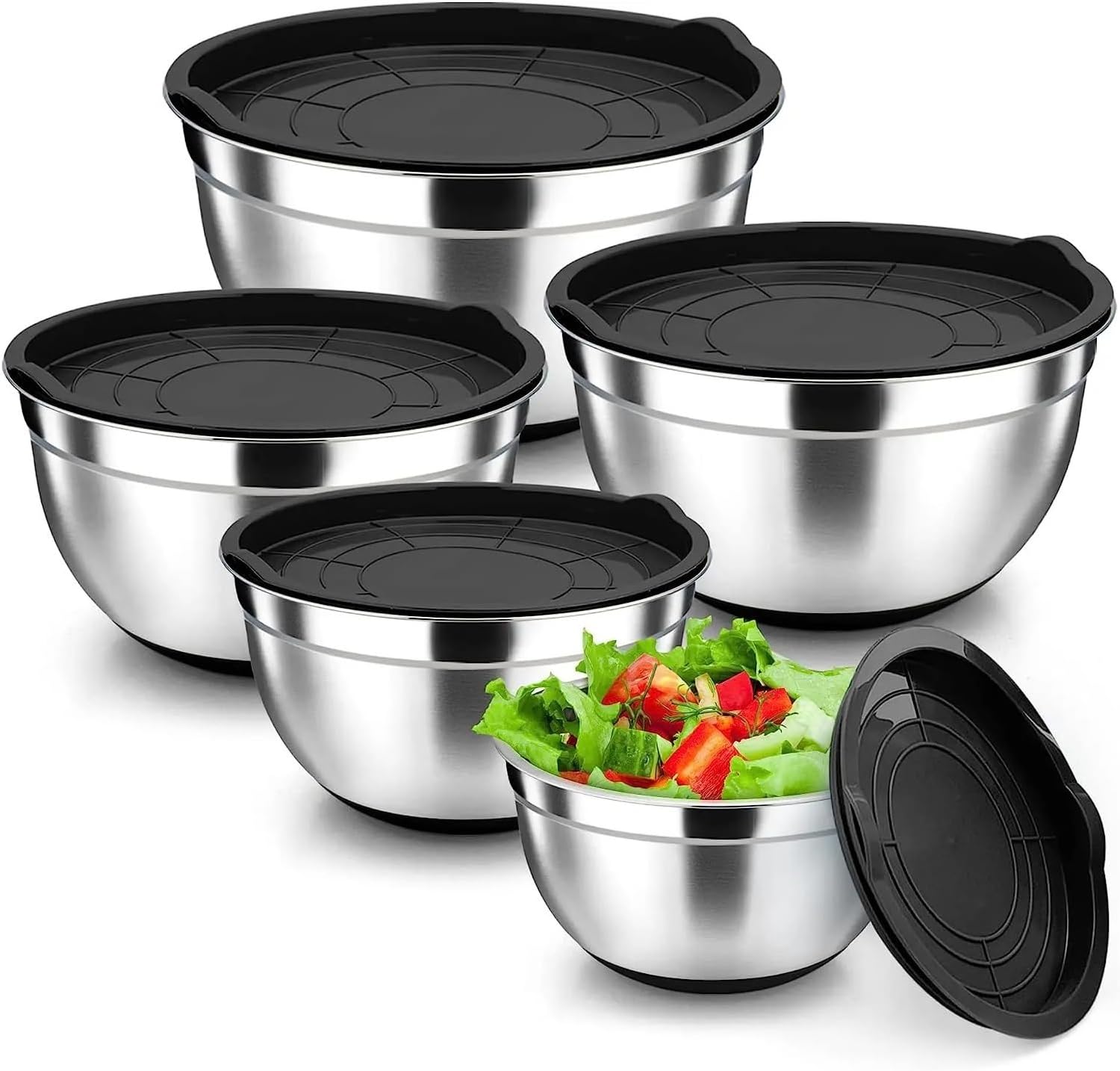 A Set of 5 Mixing Bowls, Stainless Steel Nested Bowls, Kitchen Drying, Airtight Cover, Mixing Bowl