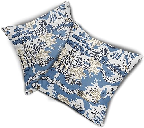 Miniatura 2 de Granbey Chinoiserie - Juego de 2 fundas de almohada elegantes asiáticas escénicas de 18 x 18 pulgadas, pagoda azul marino y blanco, fundas de
