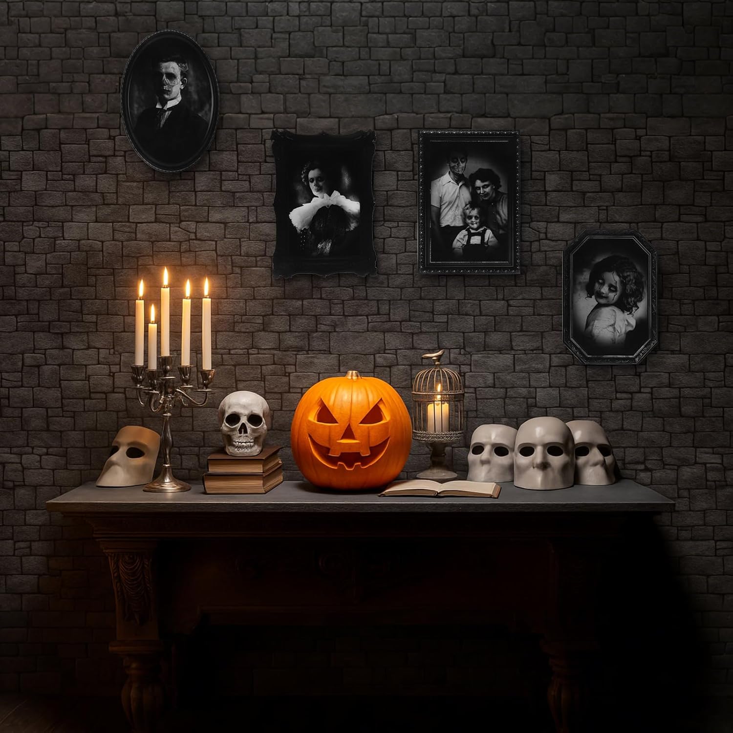 Reallnaive 14 Pcs Halloween Decoration Scary Indoor Wall Decor Set 6 Pcs 4.5 x 9 Ft Brick Wallpaper Backdrop 8 Halloween Moving Picture Frame 3D Horror Portrait Frames For Haunted Mansion Castle Party