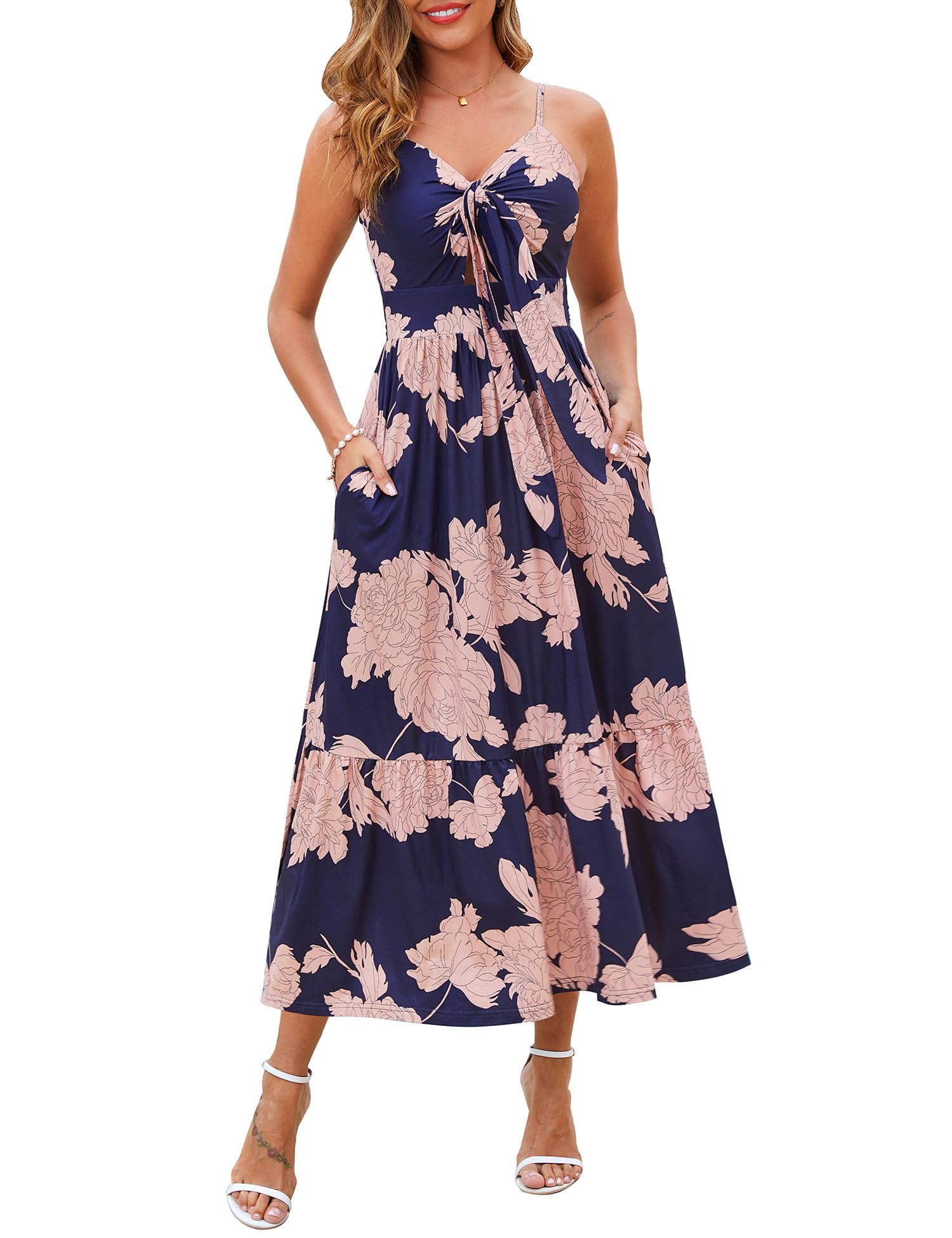 Kranda Women 2026 Summer Sundress High Waist Tie Front Spaghetti Strap Long Beach Floral Tiered Maxi Dress with Pockets