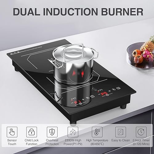 Miniatura 10 de Cocina eléctrica doble, estufa eléctrica de 110 V 2100 W, 9 niveles de potencia, bloqueo y temporizador para niños, indicador de superficie