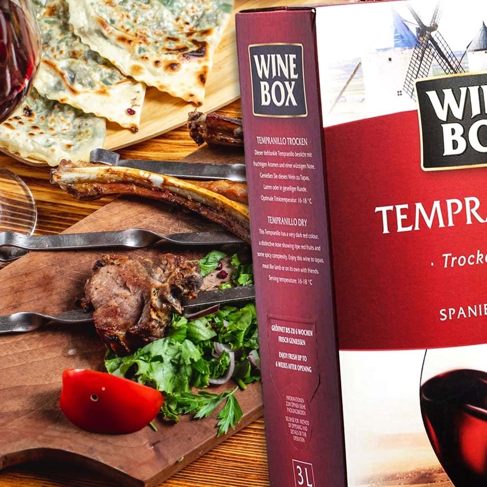 Wine Box Tempranillo, trocken, Bag-in-Box, sortenreines Weinpaket + VINOX Winecards (4x3,0l)
